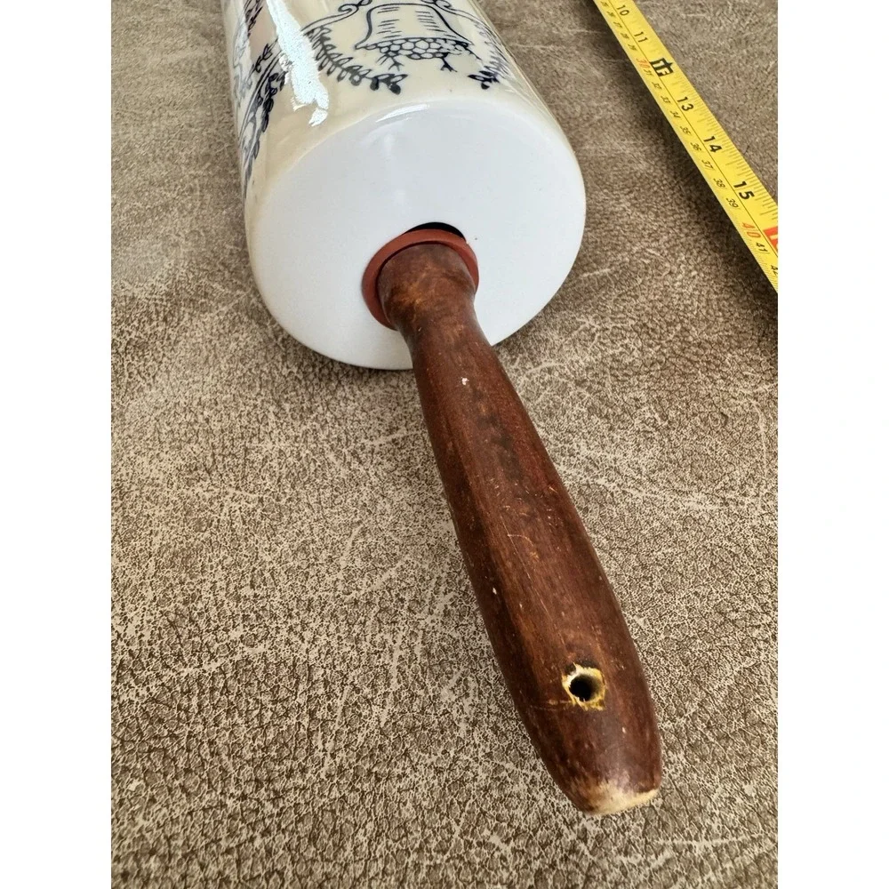 Roller Pin Blue White Glazed Stoneware Wood Handles 19-20
